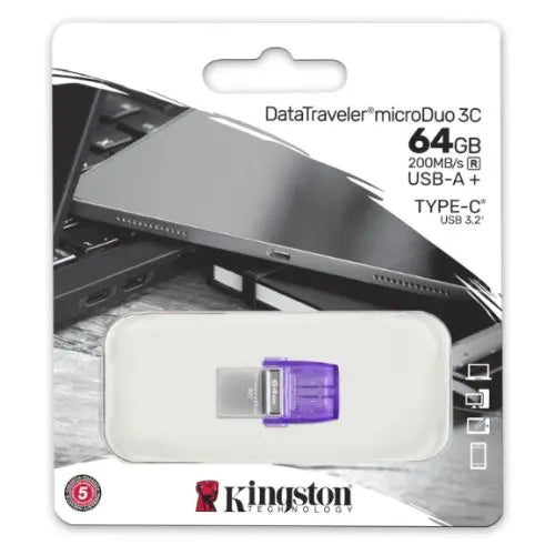 Kingston 64GB DataTraveler microDuo 3C USB-A & USB-C 3.2 Gen1 Memory Pen, Rotating Cap, 200MB/s - HONORABLE VETERANS SOLUTIONS
