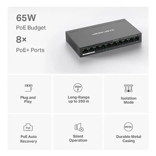 Mercusys (MS110P) 10-Port 10/100Mbps Desktop Switch with 8-Port PoE+, Metal Case - HONORABLE VETERANS SOLUTIONS