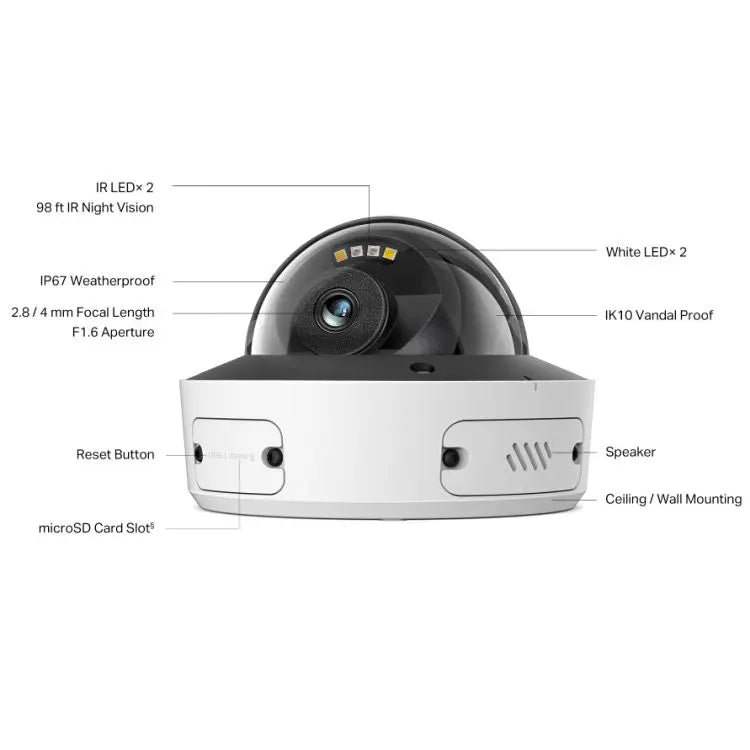 TP-LINK (InSight S245 2.8MM) VIGI 4MP Outdoor Full-Colour Dome Network Camera w/ 2.8mm Lens, IP67, PoE, AI Detection/Classification, Two-Way Audio, H.265+ - HONORABLE VETERANS SOLUTIONS