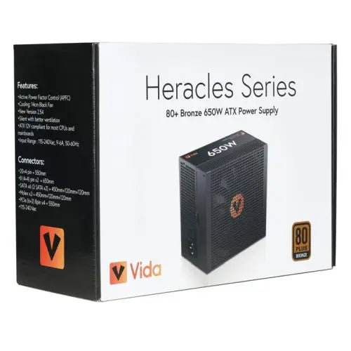 Vida 650W Heracles Black ATX Gaming PSU, 80+ Bronze, 140mm Ultra-Quiet FDM Fan, Flat Black Cables, Power Lead Not Included - HONORABLE VETERANS SOLUTIONS