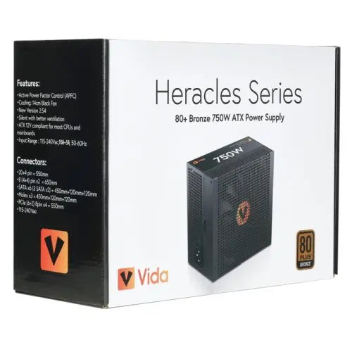 Vida 750W Heracles Black ATX Gaming PSU, 80+ Bronze, 140mm Ultra-Quiet FDM Fan, Flat Black Cables, Power Lead Not Included - HONORABLE VETERANS SOLUTIONS