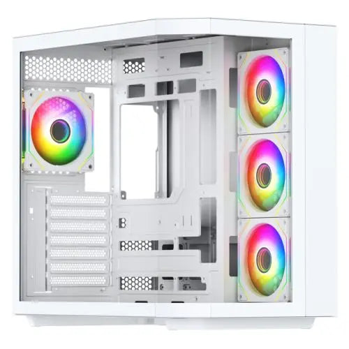 Vida Edge White ARGB Gaming Cube Case w/ Glass Side, Front & Corner, ATX, 4x ARGB PWM Fans, 6-Port Fan Hub & Remote Control, Asus BTF Compatible - HONORABLE VETERANS SOLUTIONS