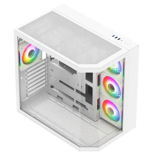 Vida Edge White ARGB Gaming Cube Case w/ Glass Side, Front & Corner, ATX, 4x ARGB PWM Fans, 6-Port Fan Hub & Remote Control, Asus BTF Compatible - HONORABLE VETERANS SOLUTIONS