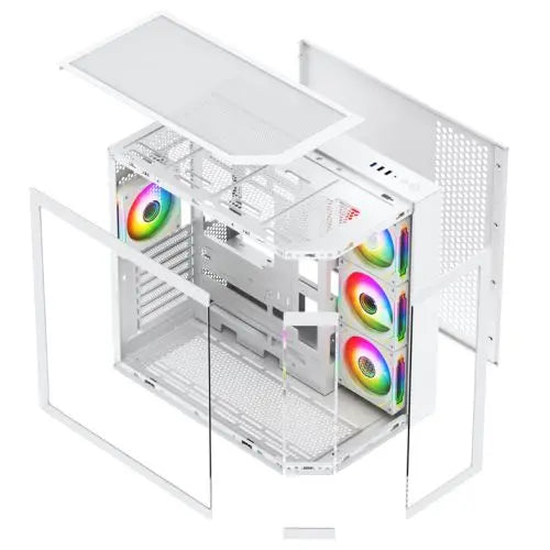 Vida Edge White ARGB Gaming Cube Case w/ Glass Side, Front & Corner, ATX, 4x ARGB PWM Fans, 6-Port Fan Hub & Remote Control, Asus BTF Compatible - HONORABLE VETERANS SOLUTIONS